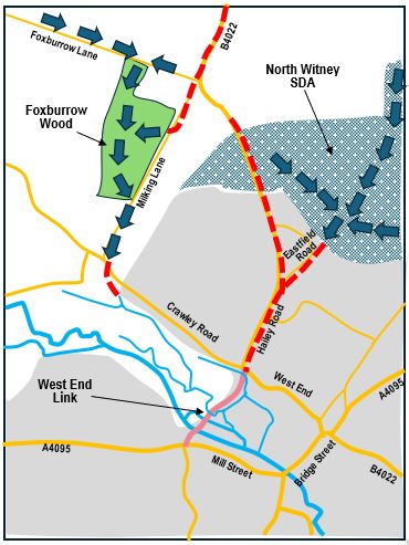 Map of proposed flood water flow directions, showing northern Hailey Road drain redirected along Milking Lane