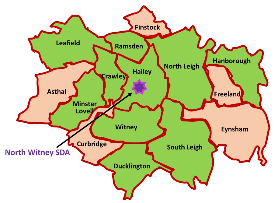 Map of Hailey parish and surrounding parishes, showing the location of North Witney SDA