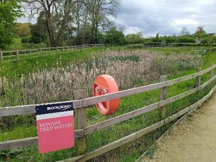 Pond with reeds, warning sign, and emergency equipment