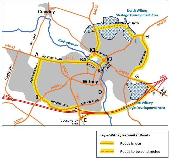 Map of Witney showing current and proposed perimeter roads